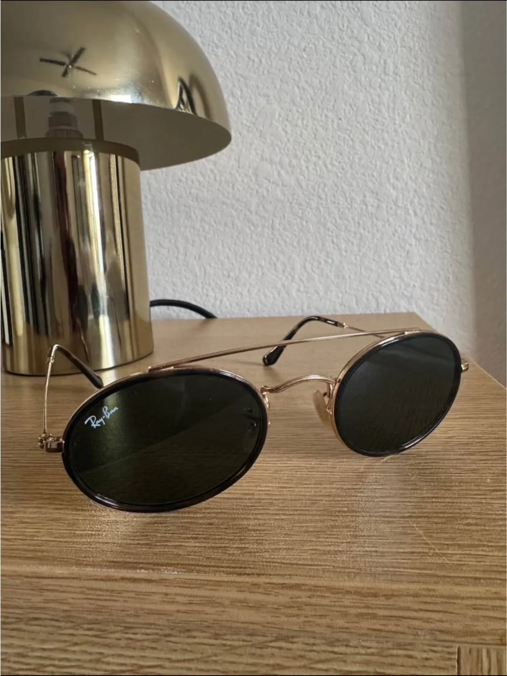 Ray-Ban Gold Frame Black Lens Round Sunglasses with Case